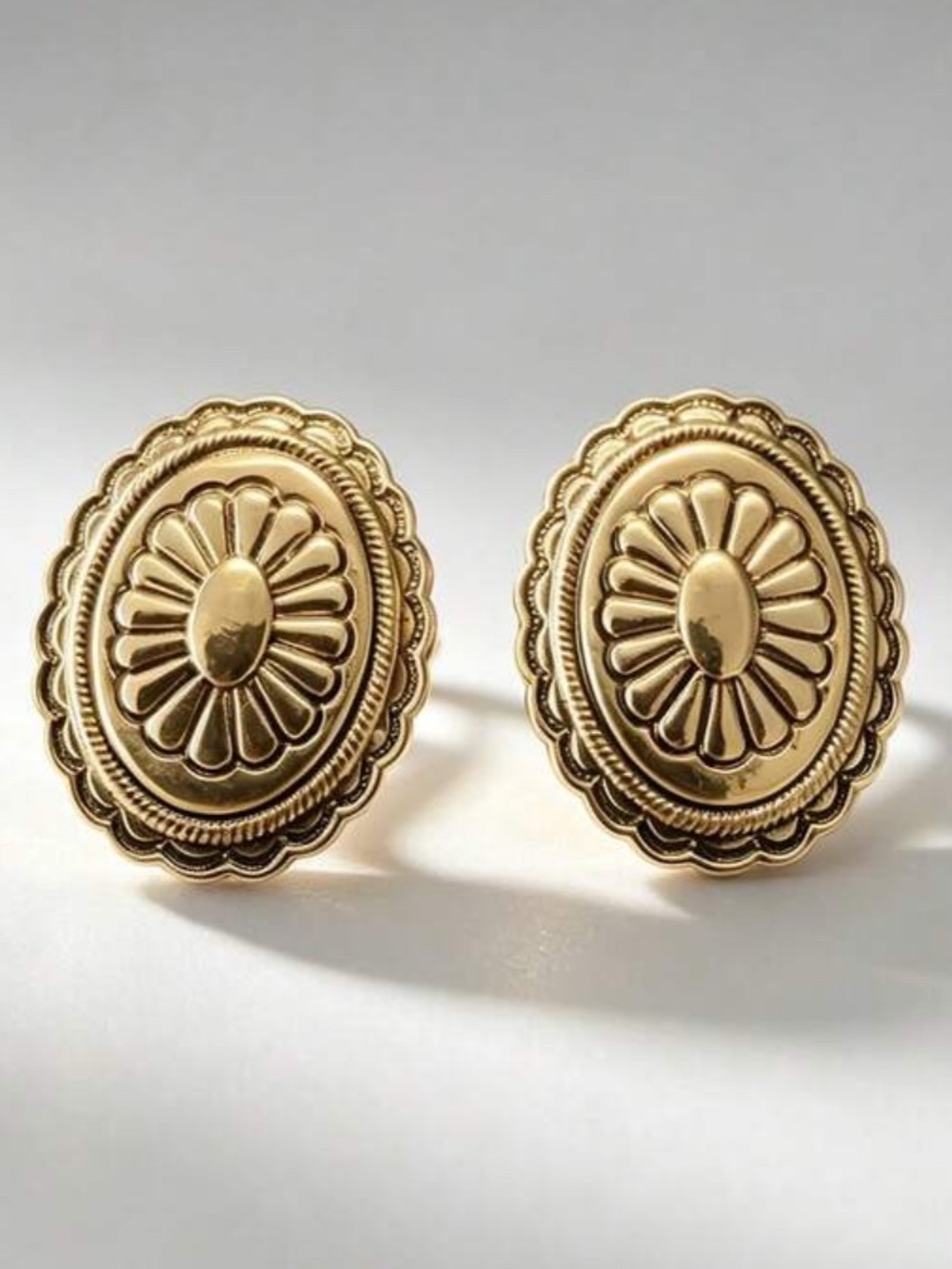 Gold Floral Oval Stud Earrings